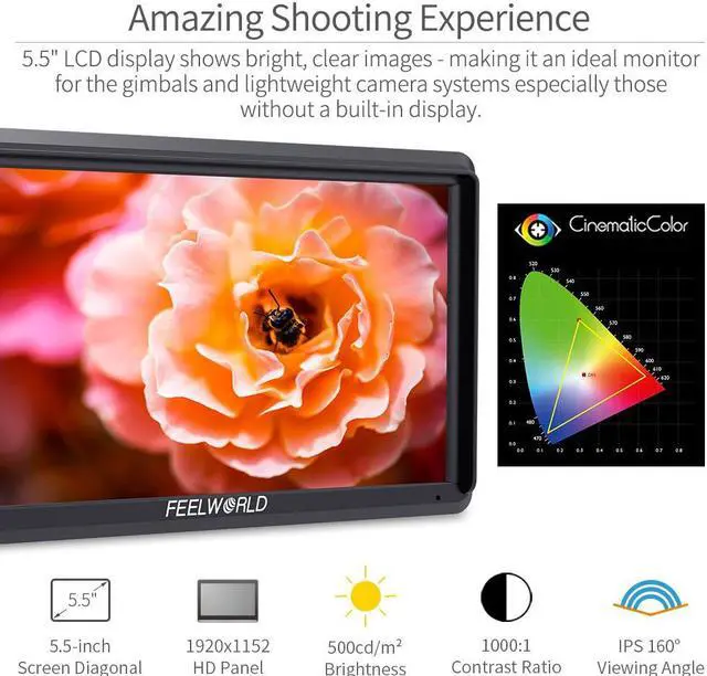 Alt view image 3 of 13 - FEELWORLD S55 V2 5.5 inch Camera DSLR Field Monitor Small Full HD 1920x1152 IPS LUT Video Peaking Focus Assist with 4K HDMI 8.4V DC Input Output Include Tilt Arm