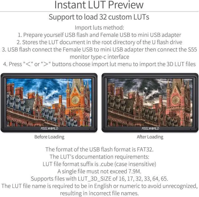 Alt view image 2 of 13 - FEELWORLD S55 V2 5.5 inch Camera DSLR Field Monitor Small Full HD 1920x1152 IPS LUT Video Peaking Focus Assist with 4K HDMI 8.4V DC Input Output Include Tilt Arm
