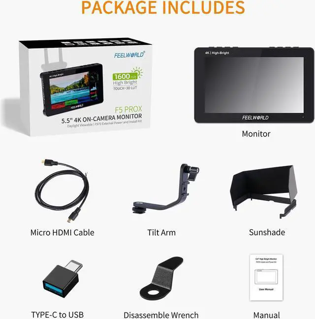 Alt view image 7 of 7 - FEELWORLD F5 PROX 5.5 inch 1600nit Hight Bright DSLR Camera Field Monitor Touchscreen Waveform 3D LUT F970 External Kit Install for Power Wireless Transmission 1920x1080 4K HDMI in Out Type-c Input