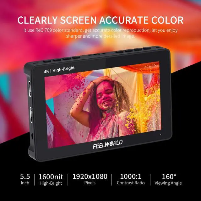 Alt view image 3 of 7 - FEELWORLD F5 PROX 5.5 inch 1600nit Hight Bright DSLR Camera Field Monitor Touchscreen Waveform 3D LUT F970 External Kit Install for Power Wireless Transmission 1920x1080 4K HDMI in Out Type-c Input