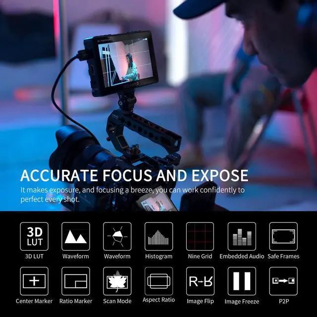 Alt view image 4 of 7 - FEELWORLD F5 PROX 5.5 inch 1600nit Hight Bright DSLR Camera Field Monitor Touchscreen Waveform 3D LUT F970 External Kit Install for Power Wireless Transmission 1920x1080 4K HDMI in Out Type-c Input