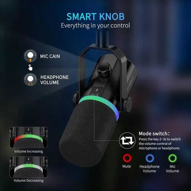 Alt view image 5 of 7 - FEELWORLD PM1 USB Dynamic Microphone for Podcast Recording PC Computer Gaming Live Streaming Vocal Voice-Over Studio Metal Mic RGB Light Mute Button Headphones Jack