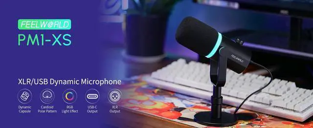 Alt view image 2 of 6 - FEELWORLD Dynamic Microphone XRL/USB Gaming mic with RBG Cardioid for pc Recording Vocal Broadcast Podcast Streaming PM1-XS