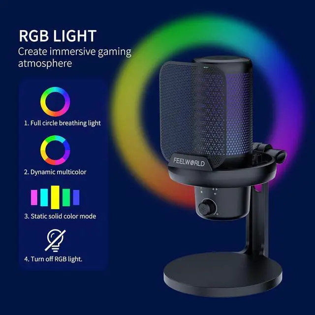 Alt view image 5 of 7 - FEELWORLD VM1 Gaming PC USB Microphone Condenser Mic with Noise Cancellation Mute RGB Light, Computer Accessories for Gamer YouTube Twitch Podcast Streaming Recording Online Chat PS4 PS5