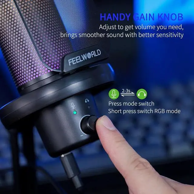 Alt view image 4 of 7 - FEELWORLD VM1 Gaming PC USB Microphone Condenser Mic with Noise Cancellation Mute RGB Light, Computer Accessories for Gamer YouTube Twitch Podcast Streaming Recording Online Chat PS4 PS5