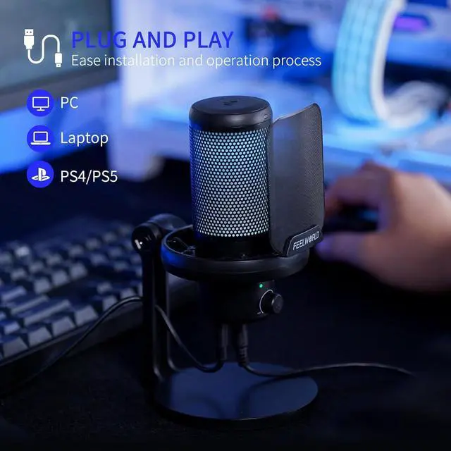 Alt view image 6 of 7 - FEELWORLD VM1 Gaming PC USB Microphone Condenser Mic with Noise Cancellation Mute RGB Light, Computer Accessories for Gamer YouTube Twitch Podcast Streaming Recording Online Chat PS4 PS5