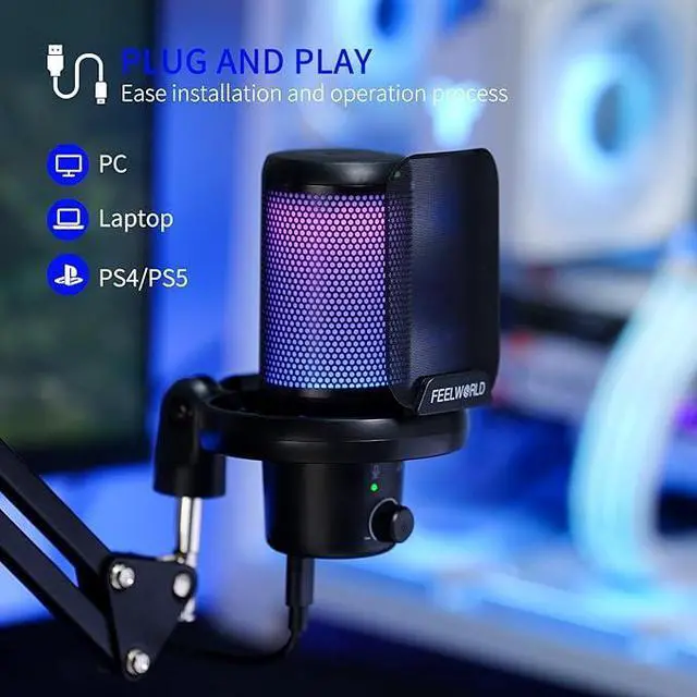 Alt view image 4 of 5 - FEELWORLD VM1-AS Gaming PC USB Microphone Condenser Mic with Noise Cancellation Mute RGB Light, Computer Accessories for Gamer YouTube Twitch Podcast Streaming Recording Online Chat PS4 PS5