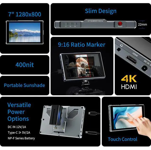 Alt view image 2 of 7 - FEELWORLD FW759 PRO 7-Inch Touch Screen Camera Field Video Monitor 4K HDMI