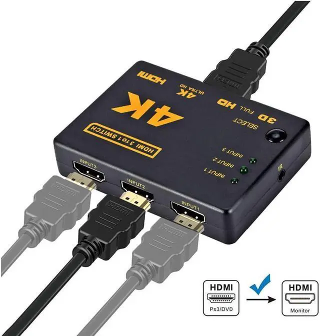 Alt view image 5 of 7 - HDMI Audio/Video Splitter Switcher 3 input to 1 output Port Hub with IR Remote Controller for DVD HDTV Xbox PS3 PS5 Switch