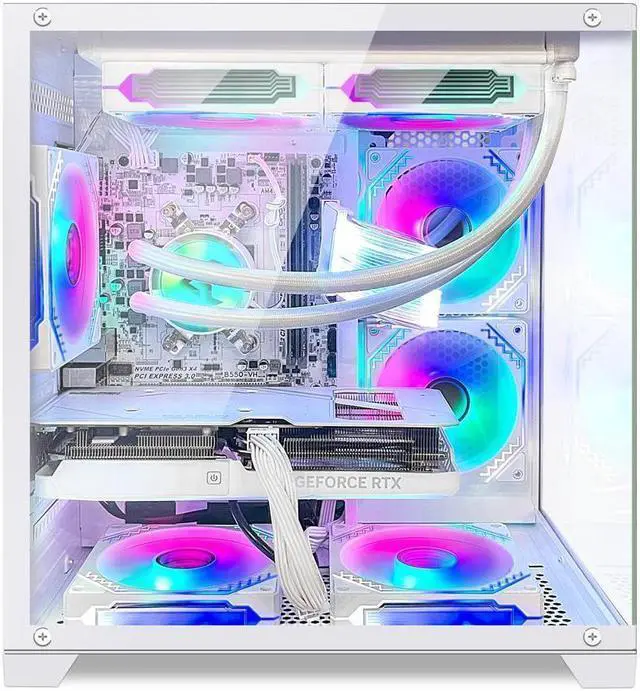 Alt view image 3 of 7 - Hoengager Gaming PC -AMD Ryzen 5 5600X 3.7 GHz-RTX 4060TI 8GB -16GB DDR4 RAM-1TB M.2 SSD-240 Liquid Cooler -WIFI &Bluetooth -RGB Fans-Windows 11 Pro Desktop Computer-White