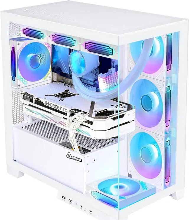 Alt view image 4 of 7 - Hoengager Ocean Park Gaming PC Desktop-RTX 4070 12G,AMD Ryzen 7 5700X 3.4 GHz 8-Core, 32GB DDR4 RAM,1TB PCI-E +1 TB 2.5'' SSD, 360 Liquid-Cooled,RGB Fans, WIFI &Bluetooth ,Win 11 Pro 64bit -White