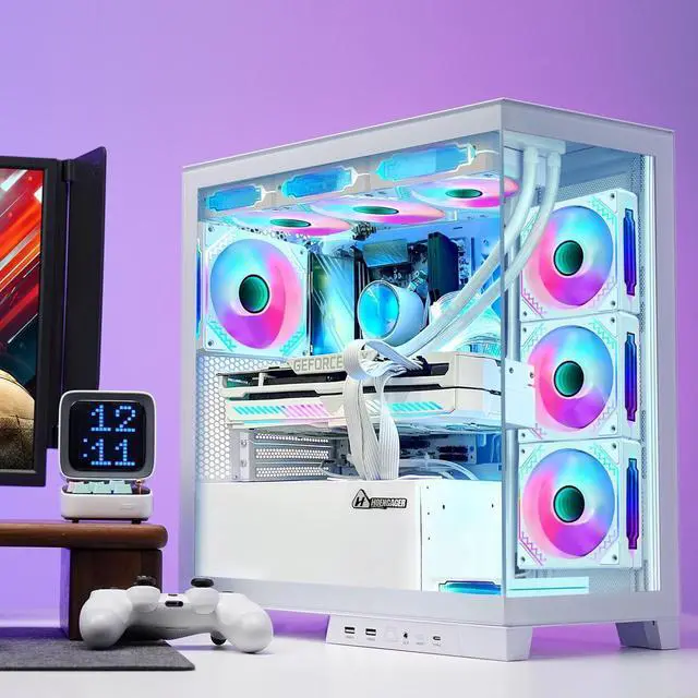 Alt view image 5 of 7 - Hoengager Ocean Park Gaming PC Desktop-RTX 4070 12G,AMD Ryzen 7 5700X 3.4 GHz 8-Core, 32GB DDR4 RAM,1TB PCI-E +1 TB 2.5'' SSD, 360 Liquid-Cooled,RGB Fans, WIFI &Bluetooth ,Win 11 Pro 64bit -White