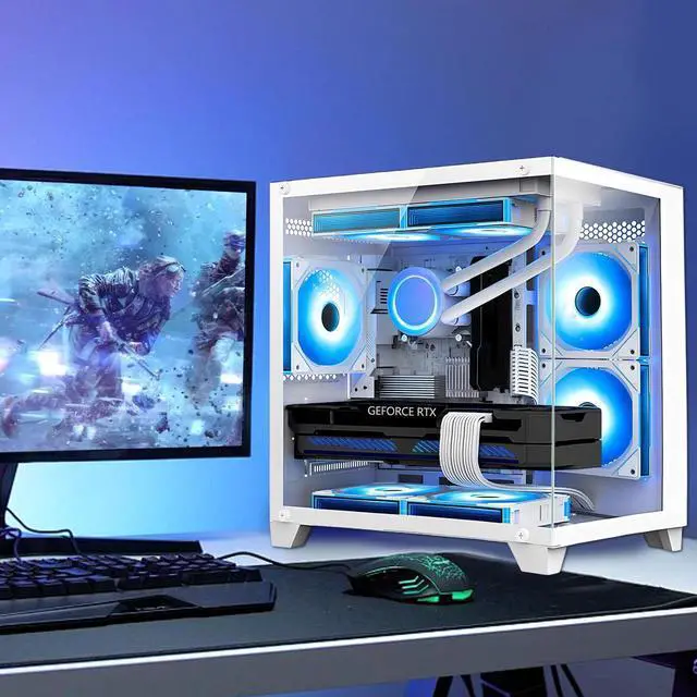Alt view image 6 of 7 - Hoengager Gaming PC -AMD Ryzen 5 5500 3.6 GHz- RTX 3060 12GB -32GB DDR4 RAM -1TB M.2 +2TB SATA SSD-240 Liquid Cooler -WIFI &Bluetooth Ready -RGB Fans-Windows 11 Pro Desktop Computer-White