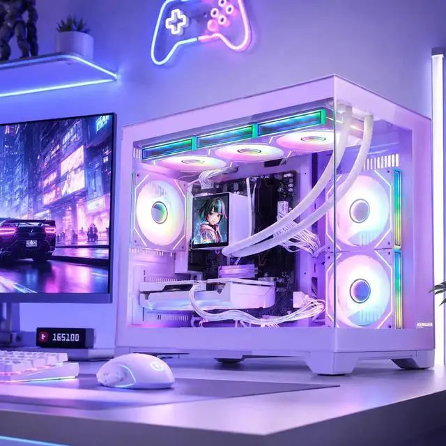Alt view image 6 of 7 - Hoengager Gaming PC -AMD Ryzen 7 9700X 8Core 3.8GHz-RTX 5060Ti 8GB-32GB DDR5 RAM-1TB PCIe+1TB SATA SSD-LCD Liquid Cooler -WIFI & BT-850W Gold PSU-APP ARGB Fans-Win11 prebuilt Gaming Desktop PC-Purple