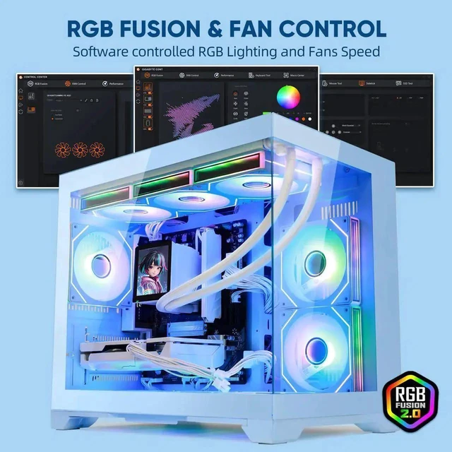 Alt view image 5 of 7 - Hoengager Gaming PC -AMD Ryzen 5 9600X 6-Core 3.9 GHz-RX 9070GRE 12GB GPU-32GB DDR5 RAM-1TB PCIe SSD-LCD Liquid Cooler-WIFI &Bluetooth-850W Gold PSU-APP ARGB Fans-Win11 prebuilt Gaming Desktop PC-Blue