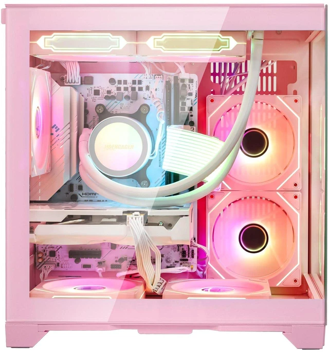 Alt view image 2 of 7 - Hoengager Gaming PC AMD Ryzen 5 5500 6-Core 3.6GHz, Radeon RX 9060 XT 16GB, 32GB DDR4 RAM,1TB PCIe SSD, WIFI&Bluetooth, 650W PSU,Liquid cooler, Windows 11 ARGB Fans with Software Prebuilt PC-Pink