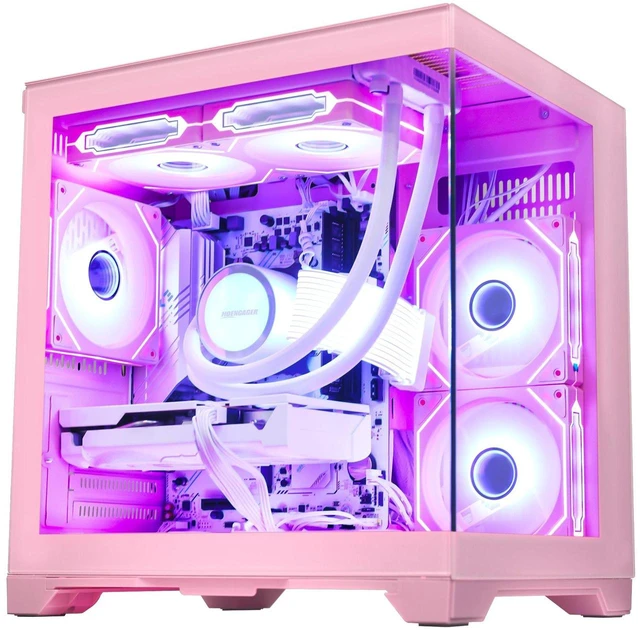 Alt view image 3 of 7 - Hoengager Gaming PC AMD Ryzen 5 5500 6-Core 3.6GHz, Radeon RX 9060 XT 16GB, 32GB DDR4 RAM,1TB PCIe SSD, WIFI&Bluetooth, 650W PSU,Liquid cooler, Windows 11 ARGB Fans with Software Prebuilt PC-Pink
