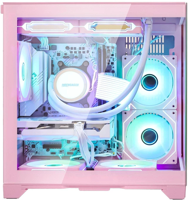 Alt view image 4 of 7 - Hoengager Gaming PC AMD Ryzen 5 5500 6-Core 3.6GHz, Radeon RX 9060 XT 16GB, 32GB DDR4 RAM,1TB PCIe SSD, WIFI&Bluetooth, 650W PSU,Liquid cooler, Windows 11 ARGB Fans with Software Prebuilt PC-Pink
