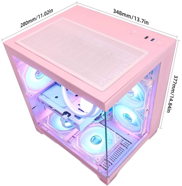 Alt view image 6 of 7 - Hoengager Gaming PC AMD Ryzen 5 5500 6-Core 3.6GHz, Radeon RX 9060 XT 16GB, 32GB DDR4 RAM,1TB PCIe SSD, WIFI&Bluetooth, 650W PSU,Liquid cooler, Windows 11 ARGB Fans with Software Prebuilt PC-Pink