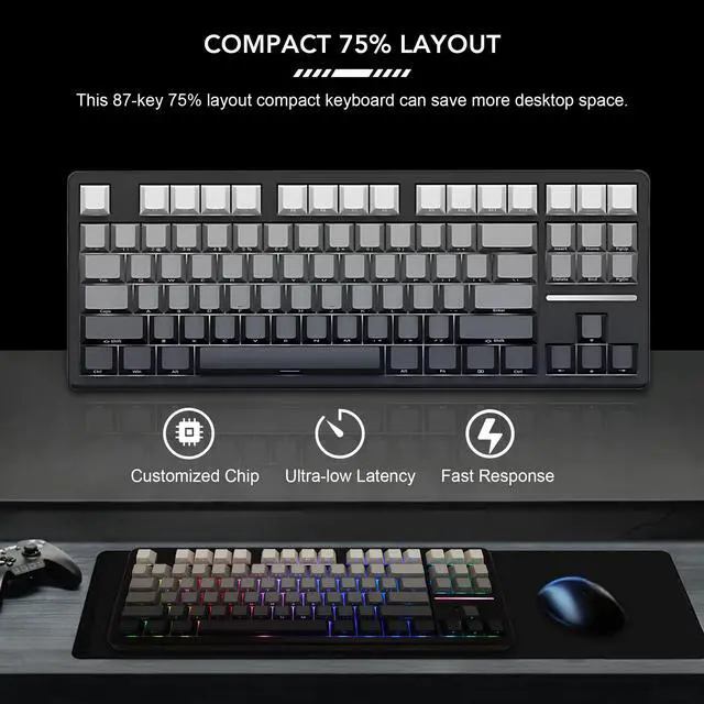 Alt view image 3 of 7 - Hoengager Forerunner X87, 87 keys Mechanical Gaming Keyboard, 2.4 GHz / Bluetooth / Wired Connectivity, Side Carving PBT Keycaps, Key Switches with Customized Sound, 10000 mAh built-in Battery