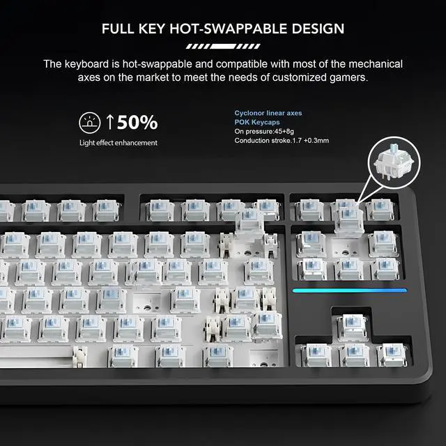 Alt view image 7 of 7 - Hoengager Forerunner X87, 87 keys Mechanical Gaming Keyboard, 2.4 GHz / Bluetooth / Wired Connectivity, Side Carving PBT Keycaps, Key Switches with Customized Sound, 10000 mAh built-in Battery