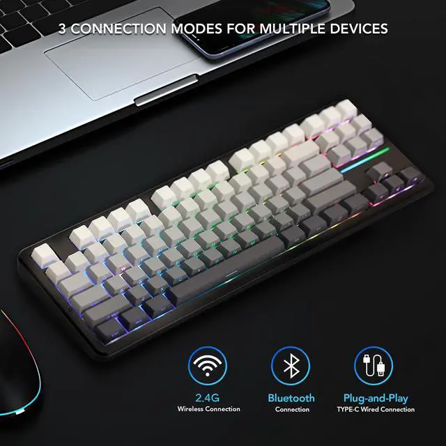 Alt view image 6 of 7 - Hoengager Forerunner X87, 87 keys Mechanical Gaming Keyboard, 2.4 GHz / Bluetooth / Wired Connectivity, Side Carving PBT Keycaps, Key Switches with Customized Sound, 10000 mAh built-in Battery