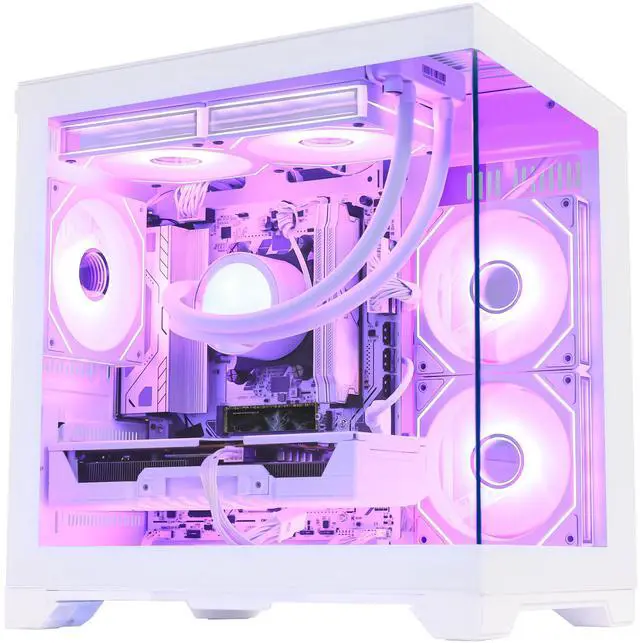 Alt view image 2 of 7 - Hoengager Gaming PC , AMD Ryzen 5 9600X 6-Core, Radeon RX 9060XT 16G ,32GB DDR5 6000 RAM,1TB NVMe SSD, 650W PSU, WiFi& Bluetooth, Liquid Cooler, RGB Fans , Win11 Pro ,Prebuilt Gaming Desktop-White