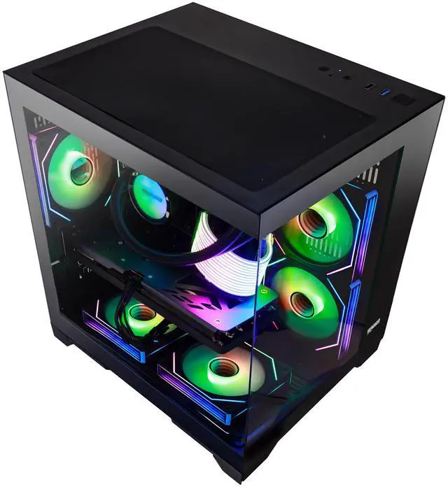 Alt view image 6 of 7 - Hoengager Gaming Desktop PC AMD Ryzen 7 5700X 8-Core, Radeon RX 9060 XT 16GB, 32GB DDR4 RAM, 1TB PCIe SSD, WiFi Bluetooth, Windows 11 Pro-Black