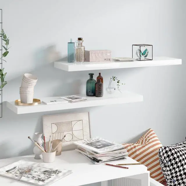 Alt view image 7 of 9 - vidaXL Floating Wall Shelves 2 pcs High Gloss White 35.4"x9.3"x1.5" MDF