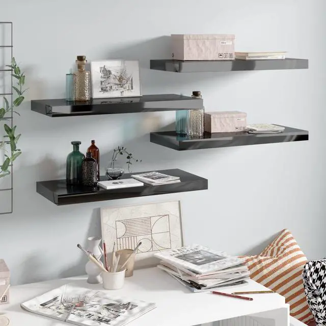 Alt view image 8 of 12 - vidaXL 4x Floating Wall Shelves High Gloss Black 23.6"x9.3" MDF Wall Ledge