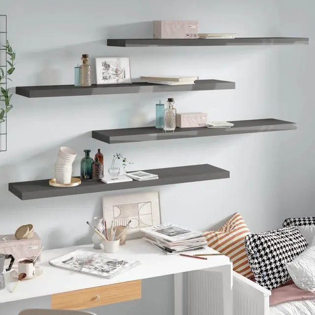 Alt view image 8 of 12 - vidaXL 4x Floating Wall Shelves High Gloss Gray 47.2"x9.3" MDF Wall Ledge Rack