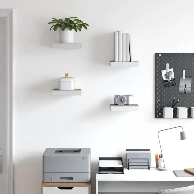 Alt view image 16 of 18 - vidaXL 4x Floating Wall Shelves Oak and White MDF Storage Display Organizer