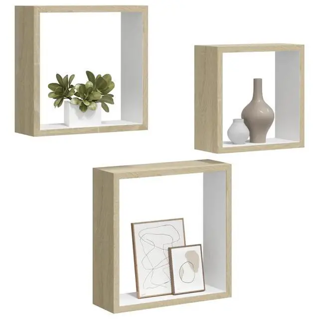 Alt view image 11 of 14 - vidaXL Cubicle Shelves Display Floating Cube Shelves 3 Pcs White and Sonoma Oak