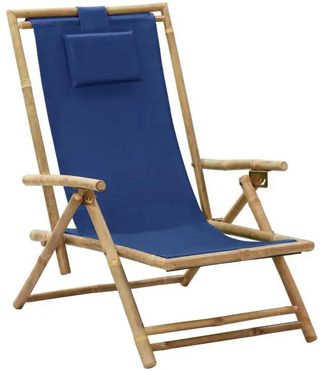 Alt view image 14 of 17 - vidaXL Patio Deck Chair Sling Chair with Headrest Navy Blue Bamboo and Fabric