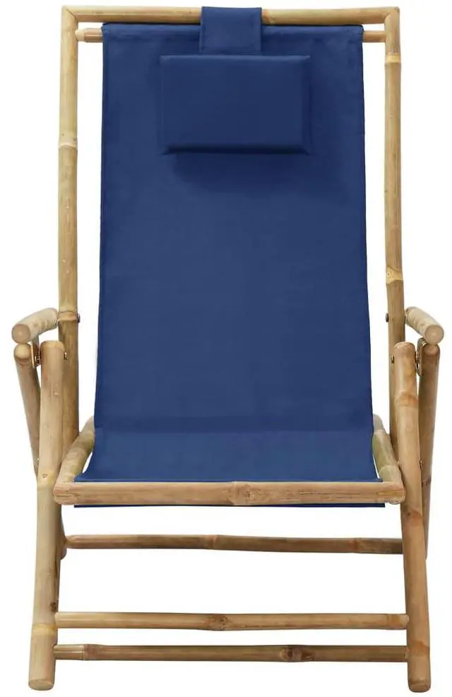 Alt view image 15 of 17 - vidaXL Patio Deck Chair Sling Chair with Headrest Navy Blue Bamboo and Fabric
