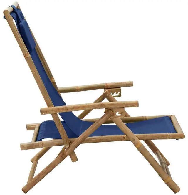 Alt view image 16 of 17 - vidaXL Patio Deck Chair Sling Chair with Headrest Navy Blue Bamboo and Fabric