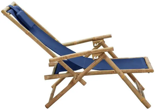 Alt view image 17 of 17 - vidaXL Patio Deck Chair Sling Chair with Headrest Navy Blue Bamboo and Fabric