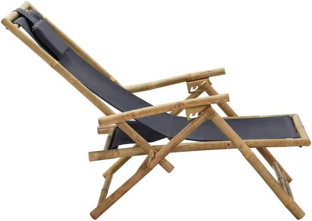 Alt view image 16 of 18 - vidaXL Patio Deck Chair Sling Chair with Headrest Dark Gray Bamboo and Fabric