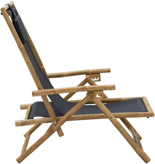 Alt view image 15 of 18 - vidaXL Patio Deck Chair Sling Chair with Headrest Dark Gray Bamboo and Fabric