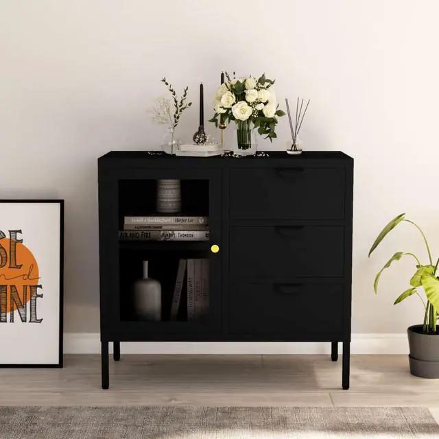 Alt view image 14 of 18 - vidaXL Sideboard Side Table with Adjustable Shelf Black Steel and Tempered Glass