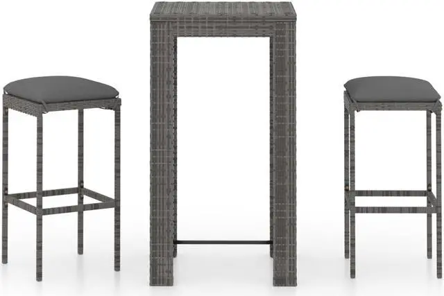 Alt view image 8 of 13 - vidaXL 3 Piece Garden Bar Set with Cushions Poly Rattan Gray