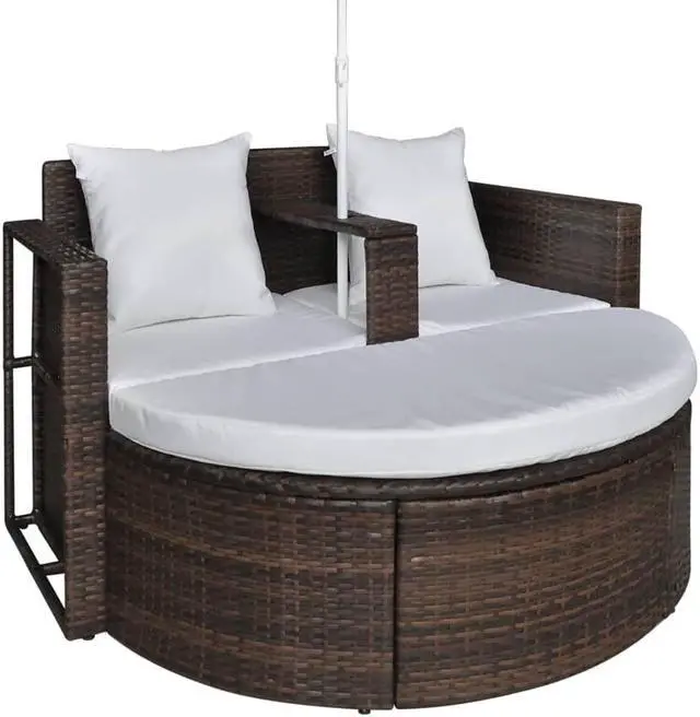 Alt view image 14 of 14 - vidaXL Patio Bed Outdoor Patio Wicker Daybed with Parasol Brown Poly Rattan
