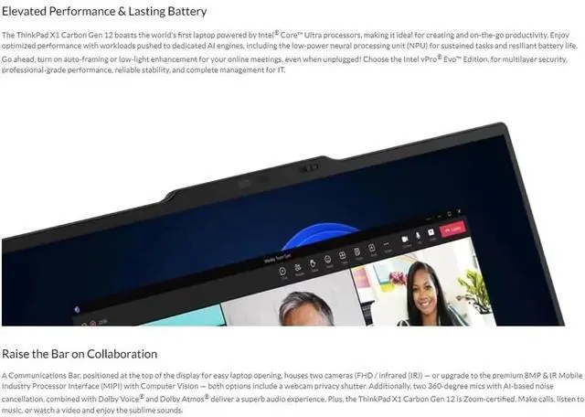 Alt view image 6 of 7 - Lenovo Gen 12 ThinkPad X1 Carbon Laptop with Intel Ultra 7 155U Processor, 14" WUXGA 100% sRGB Touchscreen, 32GB 6400MHz RAM, 1TB Gen4 Performance SSD, FHD+ IR+ RGB Camera, and Windows 11 Pro