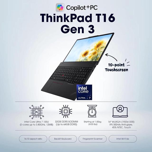 Lenovo ThinkPad T16 Gen 3 Laptop Business – 16'' FHD+, Intel Ultra 5, 32GB RAM, 1TB SSD, Win 11 Pro, AI Copilot