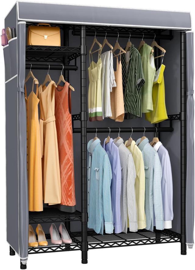 Sturdy 3 Rod Garment Rack w/ Shelves Metal Closet Storage for