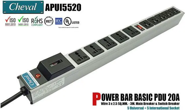 Main image of Arion Power Bar Basic PDU 20A, 5x Universal and 5x International Socket 110VAC Wide 3m.