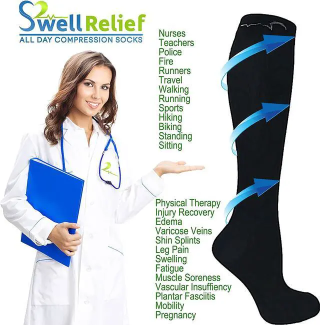 Alt view image 2 of 5 - 4 Pair Medium Extra Soft Assorted Compression Socks, Moderate/Medium Graduated Compression 15-20 mmHg, for Men and Women. Nurses, Running, Travel & Flight Knee-High. 2 Black, 2 Navy
