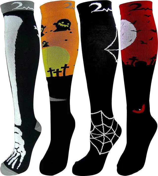 Main image of 4 Pair Medium/Large Extra Soft Premium Quality Colorful Moderate Graduated Compression Socks 15-20 mmHg. Nurses, Running, Travel, Knee-High, Mens & Womens Comfort Blend. Halloween Dress Up Designs