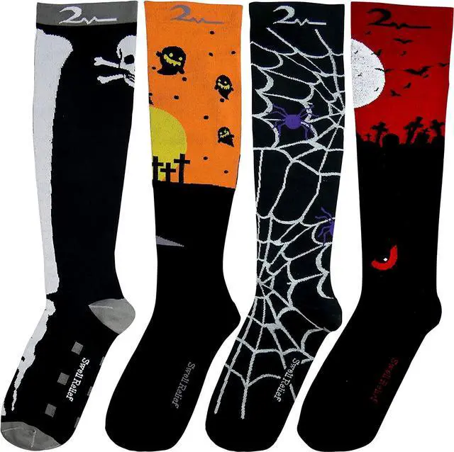 Alt view image 2 of 7 - 4 Pair Medium/Large Extra Soft Premium Quality Colorful Moderate Graduated Compression Socks 15-20 mmHg. Nurses, Running, Travel, Knee-High, Mens & Womens Comfort Blend. Halloween Dress Up Designs