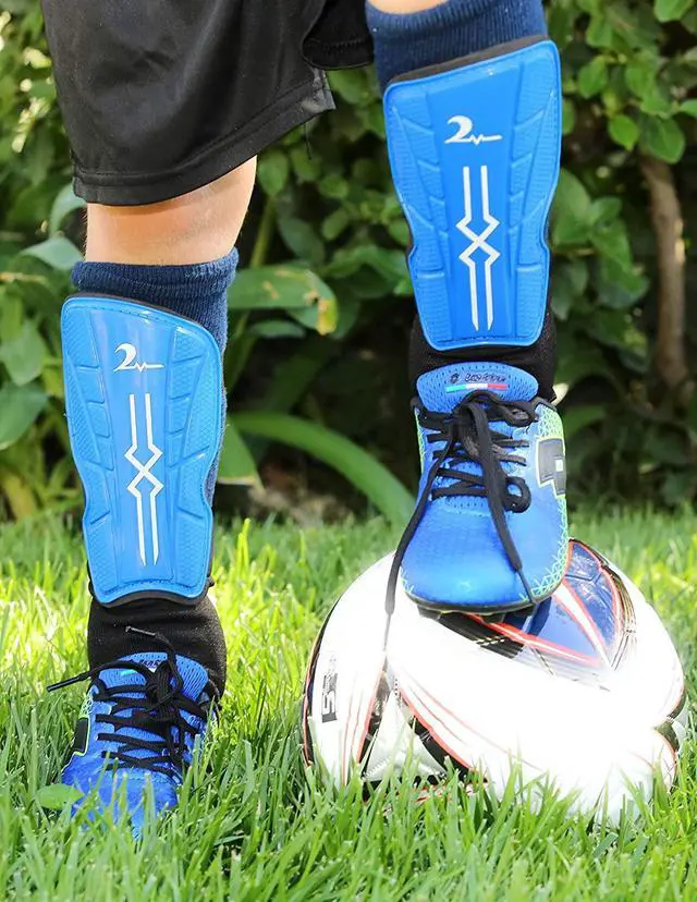 Alt view image 6 of 7 - Kids Soccer Shin Guards with Adjustable Straps Ages 4-7. Blue